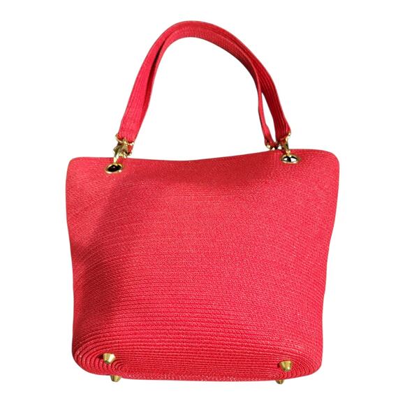 Red Woven Structured Handbag Gold Tone Hardware Top Handle Tote Studded Purse - Picture 2 of 12